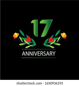 17 Years anniversary. Vector design greeting card with decorative floral for celebration