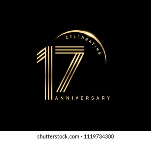 17 years gold anniversary celebration simple logo, isolated on dark background. celebrating Anniversary logo with ring and elegance golden color vector design for celebration, 