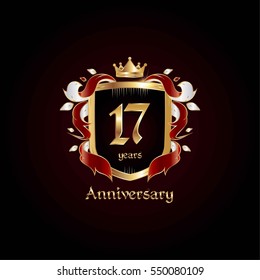 17 Years Gold Anniversary Logo Using Heraldic Theme, Colorful and Isolated on white background