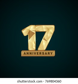 17 Years Golden Anniversary Logotype with low poly number. Vector illustration isolated on dark background.