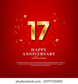 17 years of golden numbers, anniversary celebrating text, ad anniversary congratulation text with golden confetti spread on a red background