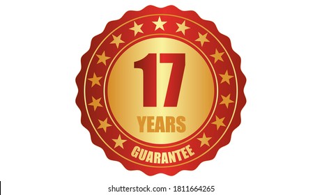 17 años de garantía estampilla icono o etiqueta de garantía, insignia, etiqueta, ilustración del vector de sello de concepto original, logotipo aislado en fondo blanco y texto rojo dorado