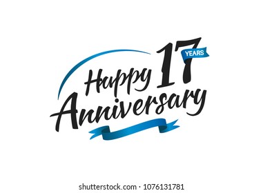 17 years happy anniversary celebration with blue swoosh and blue ribbon isolated on white background 