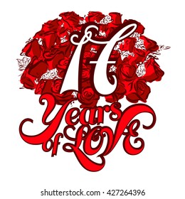 17 Years of Love with nice bouquet of roses, Invitation Card Design, Hand Drawn Vector Artwork