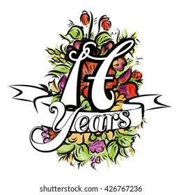 17 Years with nice bouquet of flowers, Greeting Card Design, Vector Hand Drawn Artwork