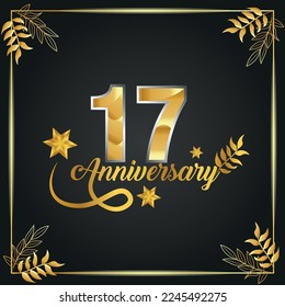 17 years old luxurious logo. anniversary year of vector gold colored template framed of palms.
 svg