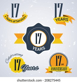 17 Years Of Service/ 17 Years / Celebrating 17 Years / 17th Anniversary - Set Of Retro Vector Stamps And Seal For Business