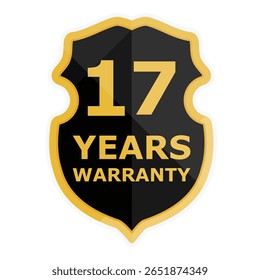 17 Years warranty label, badge, icon, logo. Golden, black shield seventeen years warranty isolated on white background. Vector illustration