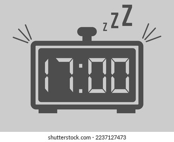 17:00 hours digital alarm clock. Vector with alarm clock marking time. Design for telling time with sleep icon