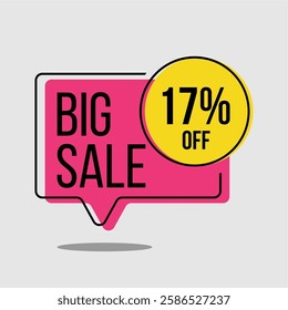 17%,18%,19% and 21% off tags for limited time or discount banner - Big sale, pink label with yellow circle of seventeen, eighteen, nineteen and twenty one percent on light gray background. Illustrated