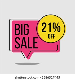 17%,18%,19% and 21% off tags for limited time or discount banner - Big sale, pink label with yellow circle of seventeen, eighteen, nineteen and twenty one percent on light gray background. Illustrated