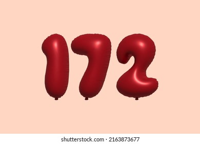 172 3d number balloon made of realistic metallic air balloon 3d rendering. 3D Red helium balloons for sale decoration Party Birthday, Celebrate anniversary, Wedding Holiday. Vector illustration