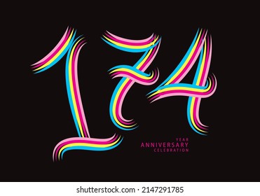 174 number design vector, graphic t shirt, 174 years anniversary celebration logotype colorful line, 174th birthday logo, Banner template, logo number elements for invitation card, poster