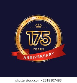 175 year anniversary logo with gold ring and red ribbon, vector template