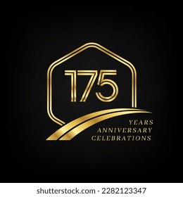 175 years anniversary. Lined gold hexagon and curving anniversary template.