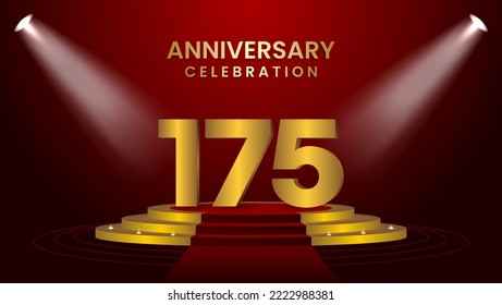 175th Anniversary Celebration With golden stage. Modern and luxurious design template for celebration event, wedding, greeting card, and invitation. Vector illustration
