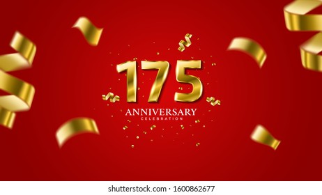 175th anniversary . Gold Numbers with shadow and sparkling confetti. Modern elegant gradient red background design vector EPS 10. For wedding party or company event decoration.