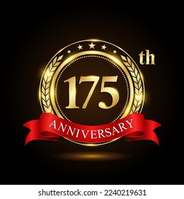 175th Anniversary. Golden Anniversary Emblem Design with shiny ring and red ribbon, Laurel wrath isolated on black background. Logo Vector Ilustration