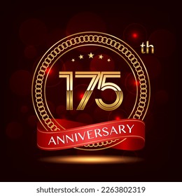 175th Anniversary logo design with golden number and red ribbon for anniversary celebration event, invitation, wedding, greeting card, banner, poster, flyer, brochure, book cover. Logo Vector Template