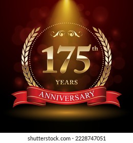 175th Anniversary. Anniversary logo design with Laurel wreath and red ribbon for celebration event, wedding, invitation, greeting card. Vector illustration