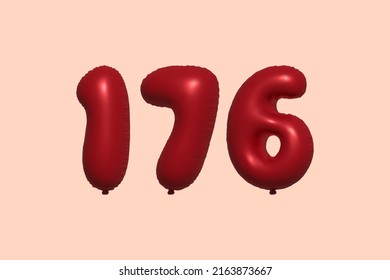 176 3d number balloon made of realistic metallic air balloon 3d rendering. 3D Red helium balloons for sale decoration Party Birthday, Celebrate anniversary, Wedding Holiday. Vector illustration