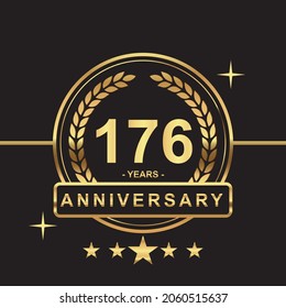 176 years anniversary golden color with circle ring and stars isolated on black background for anniversary celebration event luxury gold premium vector