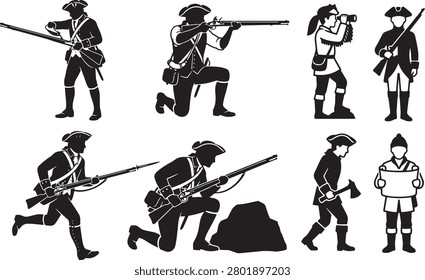 1776 American Revolution Combat Scout Vector Set - Colonial Skirmisher Silhouette Pack - Historical Map Reading Officer Clip Art

Enhance your historical design projects with this highly focused premium commercial vector clip art set featuring traditional scouting units from the American Revolution era. This professional flat graphics pack showcases clean solid black silhouettes of soldiers crouching behind rock cover, skirmishers crawling with muskets, officers reading deployment strategy maps, and scouts scanning ahead with spyglass telescopes. Perfectly optimized for print on demand merchandise, retro publishing layouts, textbook illustrations, educational decorations, and patriotic national celebration event layouts.