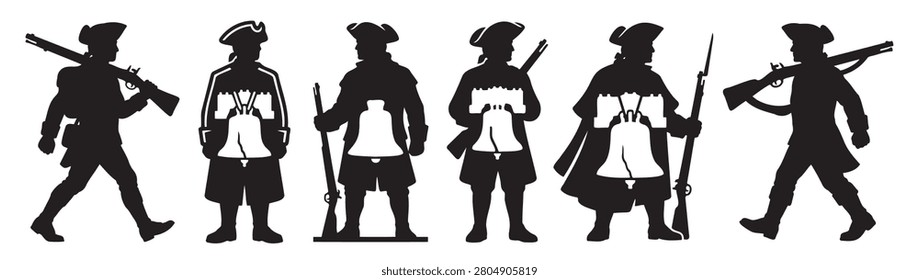 1776 Continental Army Lineup Vector Set 5 - Colonial Infantry Silhouette Pack - Standing Musket Guard Clip Art

Boost your historic military graphic portfolio with this high-converting 1776 American Revolution vector asset pack. This professional flat graphic kit displays six distinct, side-by-side solid black silhouettes of continental army soldiers standing guard, holding flintlock muskets, and wearing classic tricorne hats.

Perfectly timed for the 2026 USA Semiquincentennial anniversary, these authentic colonial troop vectors provide flawless cut lines for commercial machines. Ideal for historical reenactment guides, educational textbook vectors, patriotic clothing lines, and customized screen printing.
