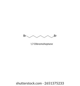 Estrutura esquelética do 1,7-dibromoheptano Ilustração esquemática do composto de alcano halogenado. Diagrama simples, fórmula química.