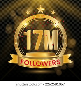 17M Followers Logotype with Gold and red Confetti Isolated on Black Background (PNG), Vector Design for Greeting Card and Social Media.