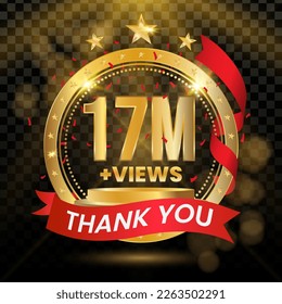 17M+ Views Logotype with Gold and red Confetti Isolated on Black Background(PNG), Vector design for video display celebration.