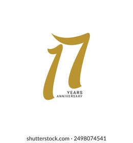 17th, 17 Years Anniversary Logo, Golden Color, Vector Template Design element for birthday, invitation, wedding, jubilee and greeting card illustration.