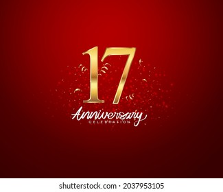 Antecedentes del 17º aniversario con número 3D ilustración números dorados y texto de celebración del aniversario con confeti dorado sobre fondo rojo.