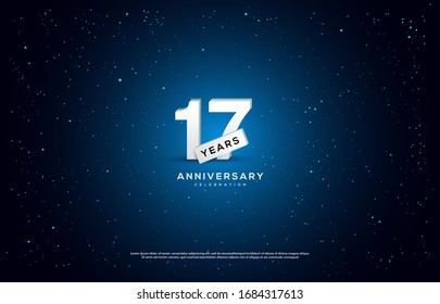 17th anniversary background with illustrations of white numbers and light effects on a blue background.