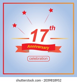 17th anniversary banner, in 17 years anniversary concept template design vector, decorated with red ribbon and stars