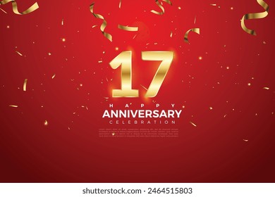 17th Anniversary celebration, 17 Anniversary celebration On Red background for celebration event, festive illustration, Golden number 17 sparkling confetti, 17,18