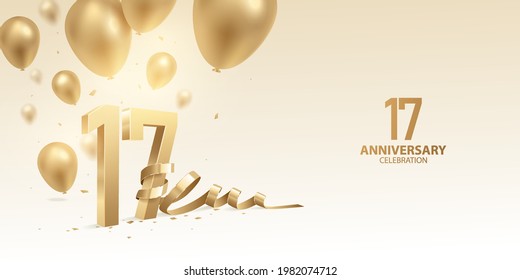 17th Anniversary celebration background. 3D Golden numbers with bent ribbon, confetti and balloons.