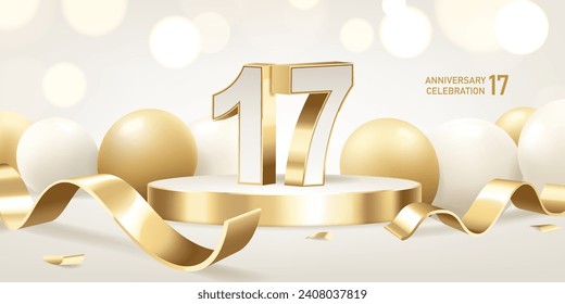 17. Jubiläumsfeier Hintergrund. Goldene 3D-Zahlen auf rundem Podium mit goldenen Bändern und Ballons mit Bokeh-Beleuchtung im Hintergrund.