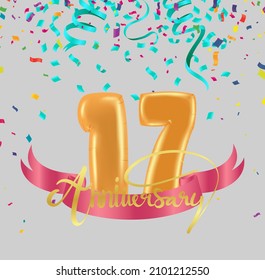 17th Anniversary celebration banner and balloons with festival confetti on red abstract background