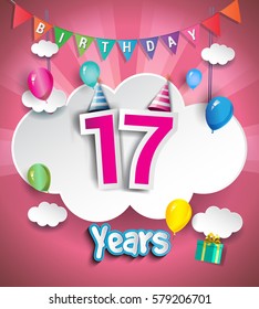 17th Anniversary Celebration Design Clouds Balloons Stock Vector ...