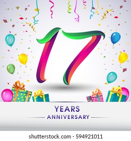 17th Anniversary Celebration Design, with gift box, balloons and confetti, Colorful Vector template elements for your, seventeen years birthday celebration party.