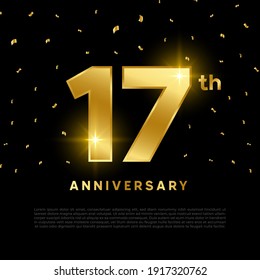 17th anniversary celebration with gold glitter color and black background. Vector design for celebrations, invitation cards and greeting cards.