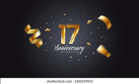 17th anniversary celebration Gold numbers with dotted halftone, shadow and sparkling confetti. modern elegant design with black background. for wedding party event decoration. Editable vector EPS 10