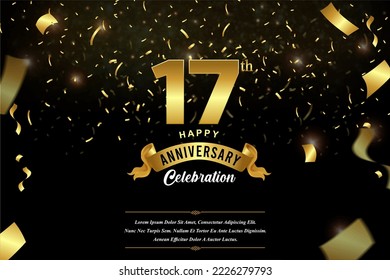 17th anniversary celebration Gold numbers with dotted halftone, shadow and sparkling confetti. modern elegant design with black background. for wedding party event decoration.