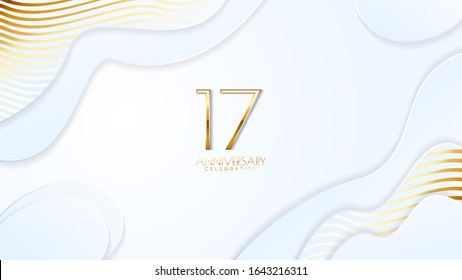 17th anniversary celebration. Golden number with realistic fluid white background. Realistic 3D sign modern elegant can be used for a company or wedding. editable design vector EPS 10.