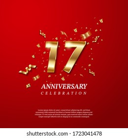 17th Anniversary celebration. Golden number 17 with sparkling confetti, stars, glitters and streamer ribbons on red background. Vector festive illustration. Birthday or wedding party event decoration