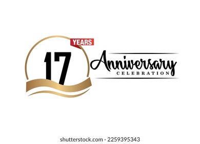 17th anniversary celebration logo vector design with gold black and red color on white background cute black color font   