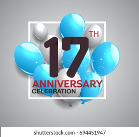 17th anniversary celebration logotype. anniversary logo with balloon in white rectangle.  Vector design for celebration, birthday, party, festival, invitation card, and greeting card