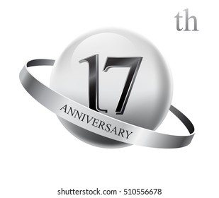 17th anniversary celebration with silver ring on white isolated background