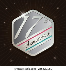 17th Anniversary - Classy and Modern silver emblem / Seal / Badge - vector illustration on  rays and stars background 